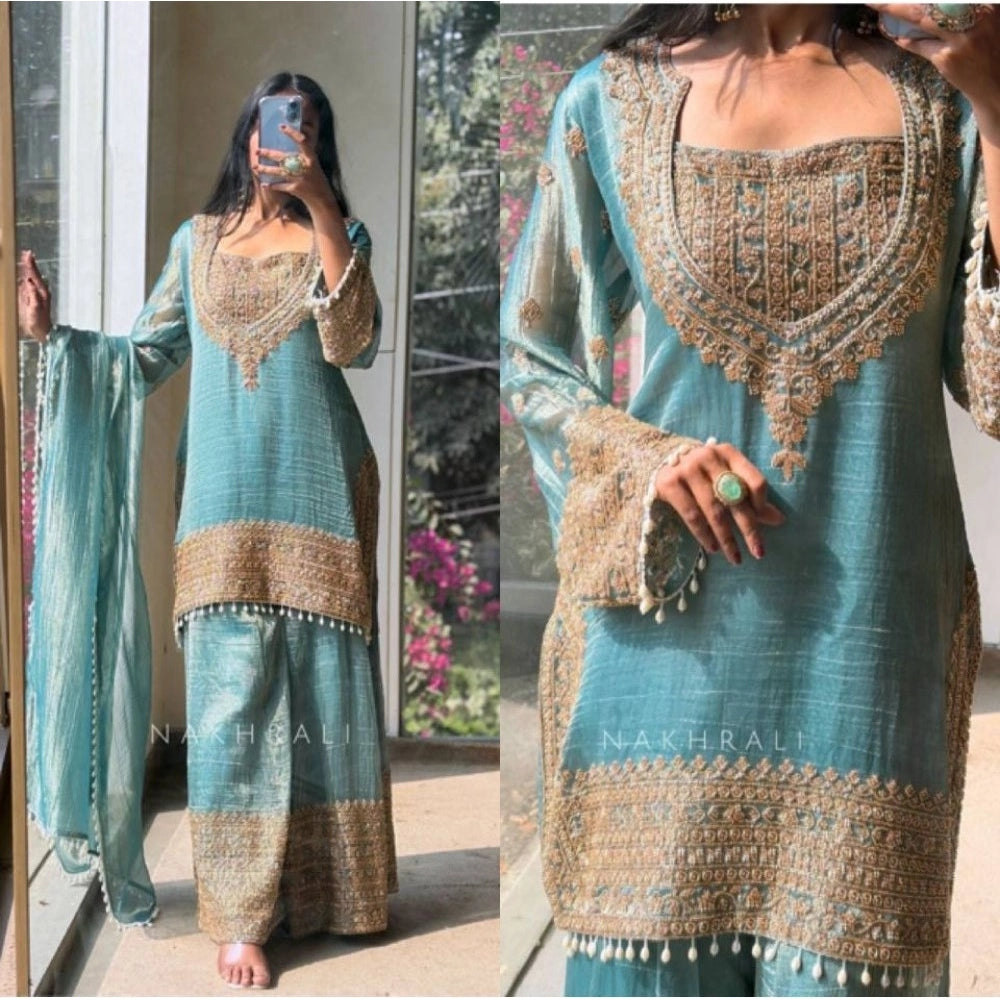 Elegant Women's Silk Embroidered Round Kurti With Sharara Pant and Dupatta Set