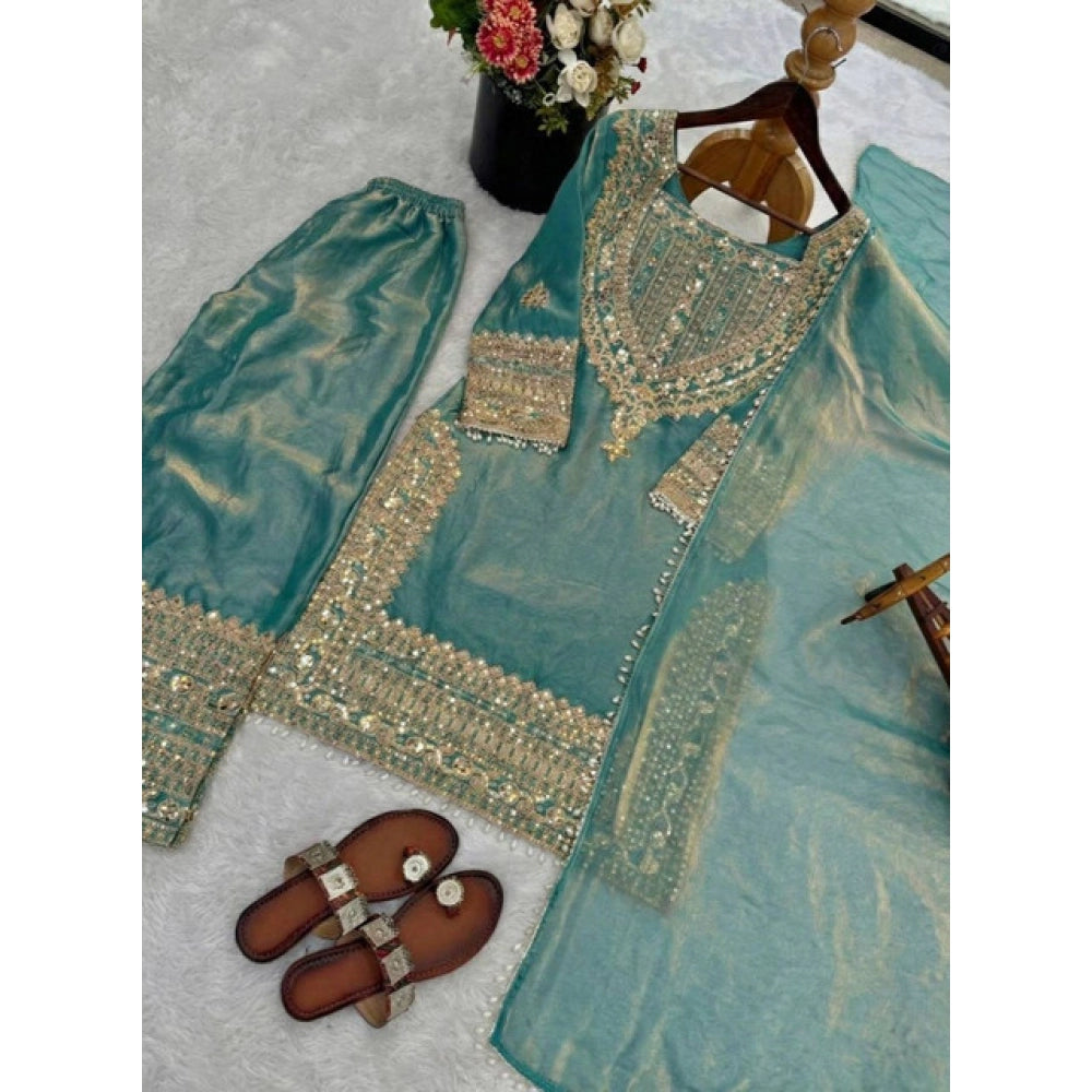 Elegant Women's Silk Embroidered Round Kurti With Sharara Pant and Dupatta Set