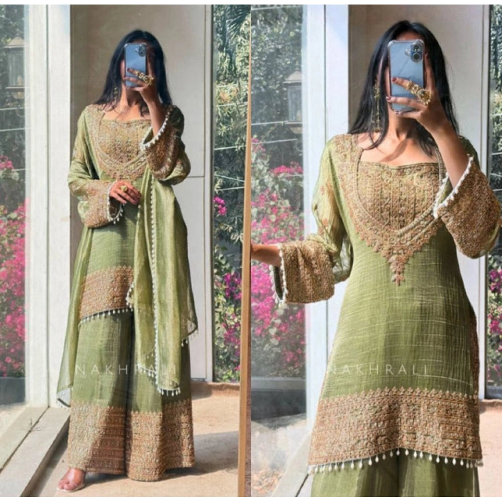 Elegant Women's Silk Embroidered Round Kurti With Sharara Pant and Dupatta Set