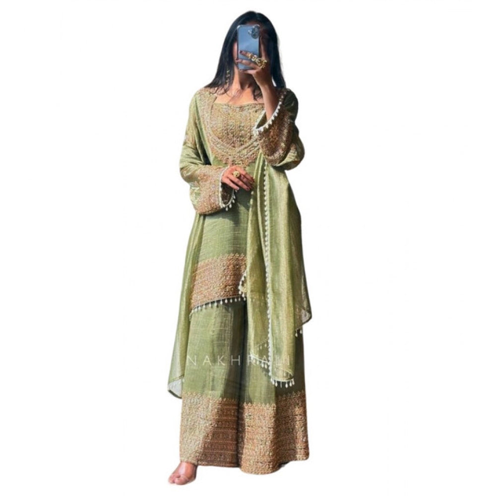 Elegant Women's Silk Embroidered Round Kurti With Sharara Pant and Dupatta Set
