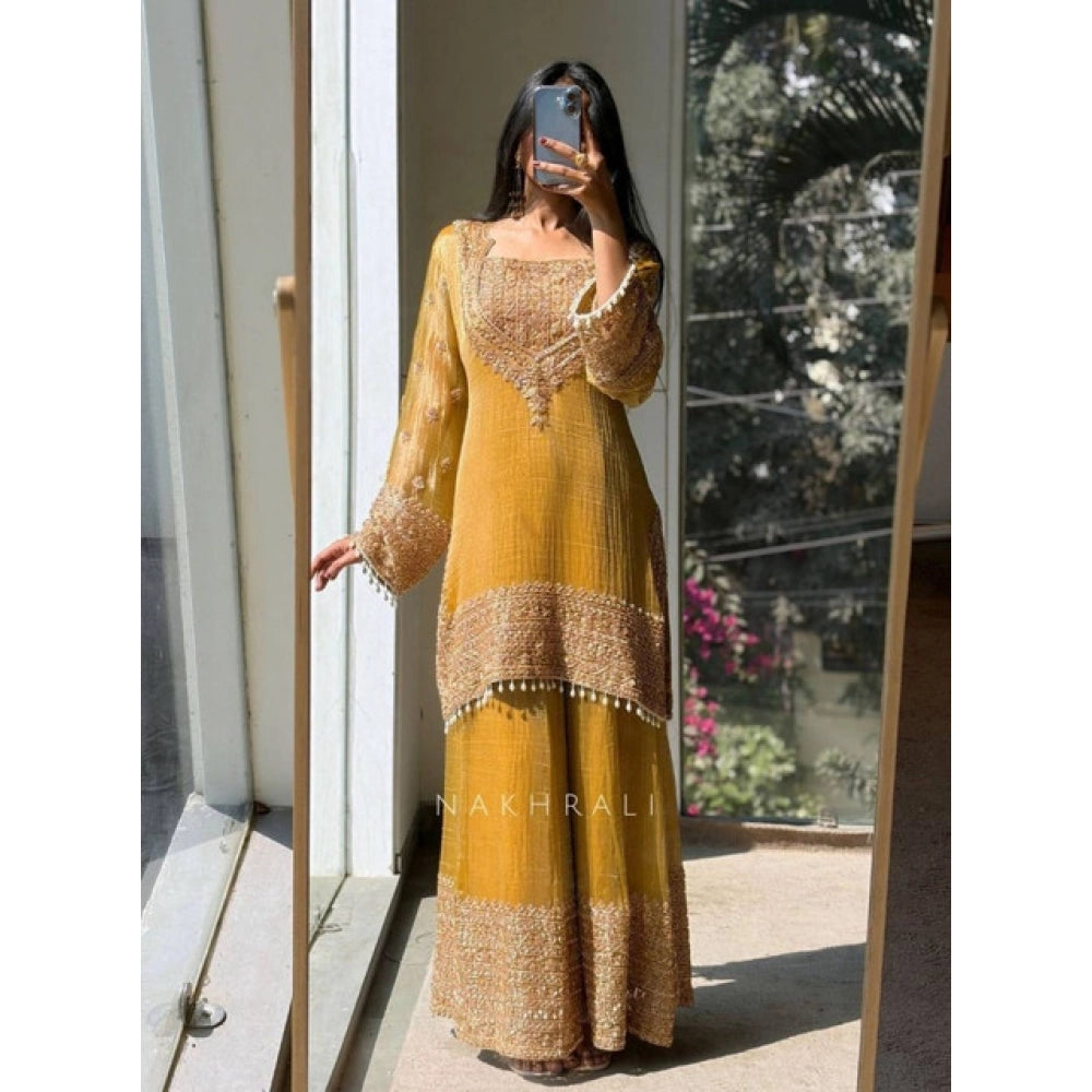 Elegant Women's Silk Embroidered Round Kurti With Sharara Pant and Dupatta Set