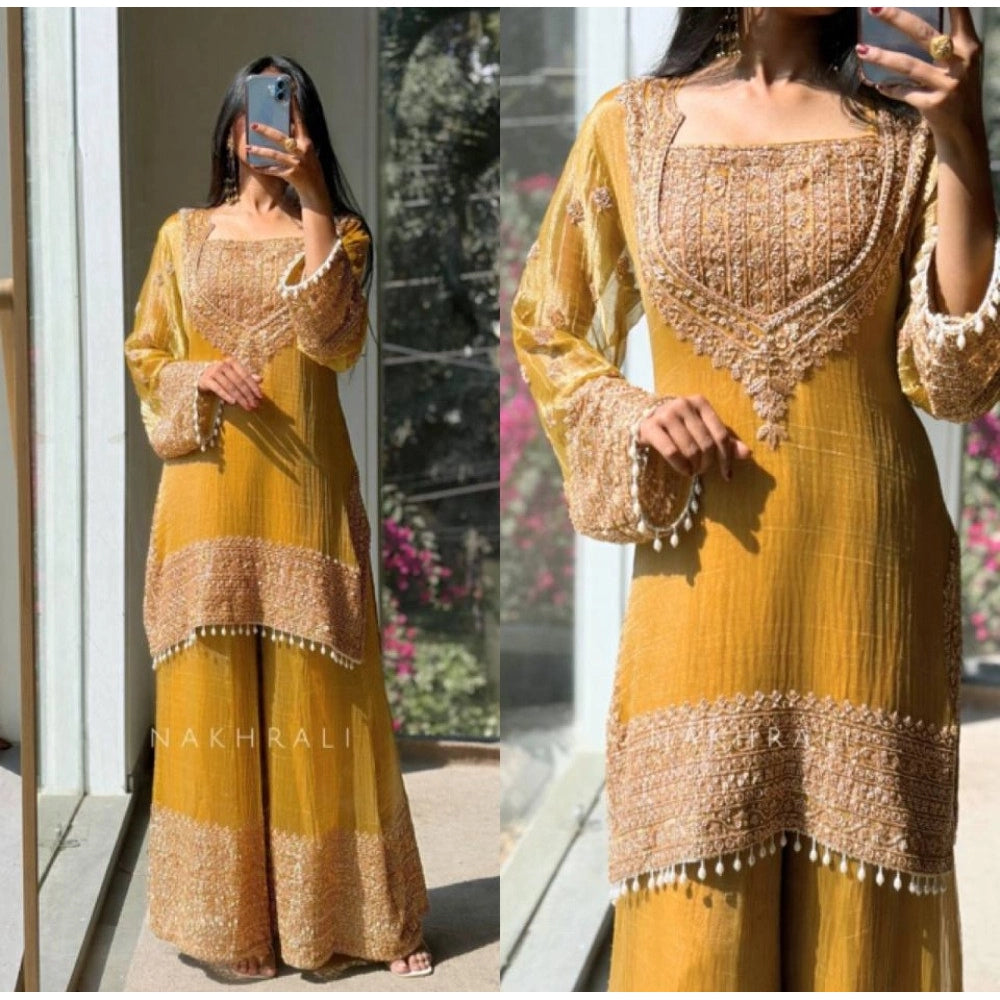 Elegant Women's Silk Embroidered Round Kurti With Sharara Pant and Dupatta Set
