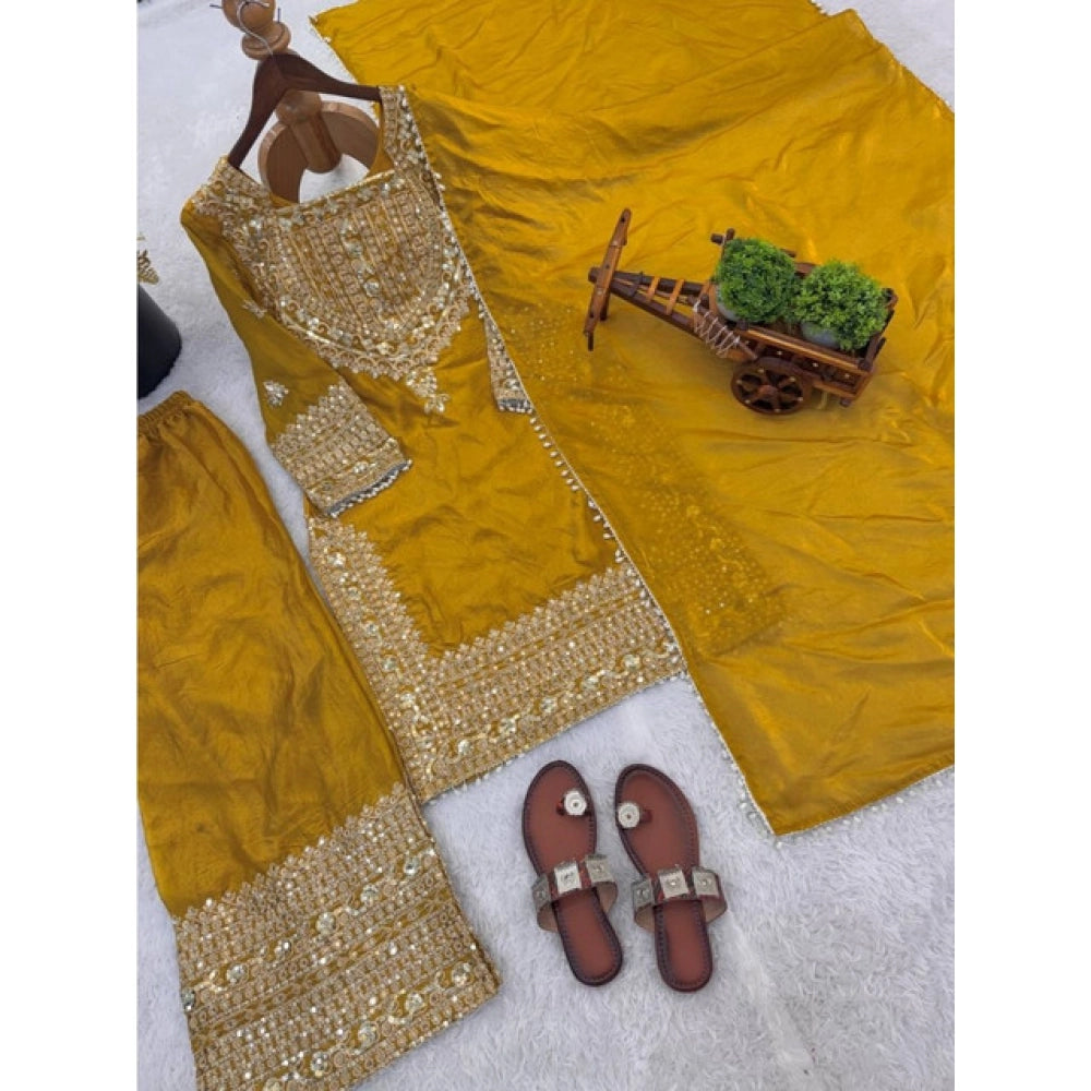 Elegant Women's Silk Embroidered Round Kurti With Sharara Pant and Dupatta Set