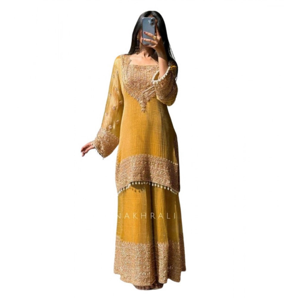 Elegant Women's Silk Embroidered Round Kurti With Sharara Pant and Dupatta Set
