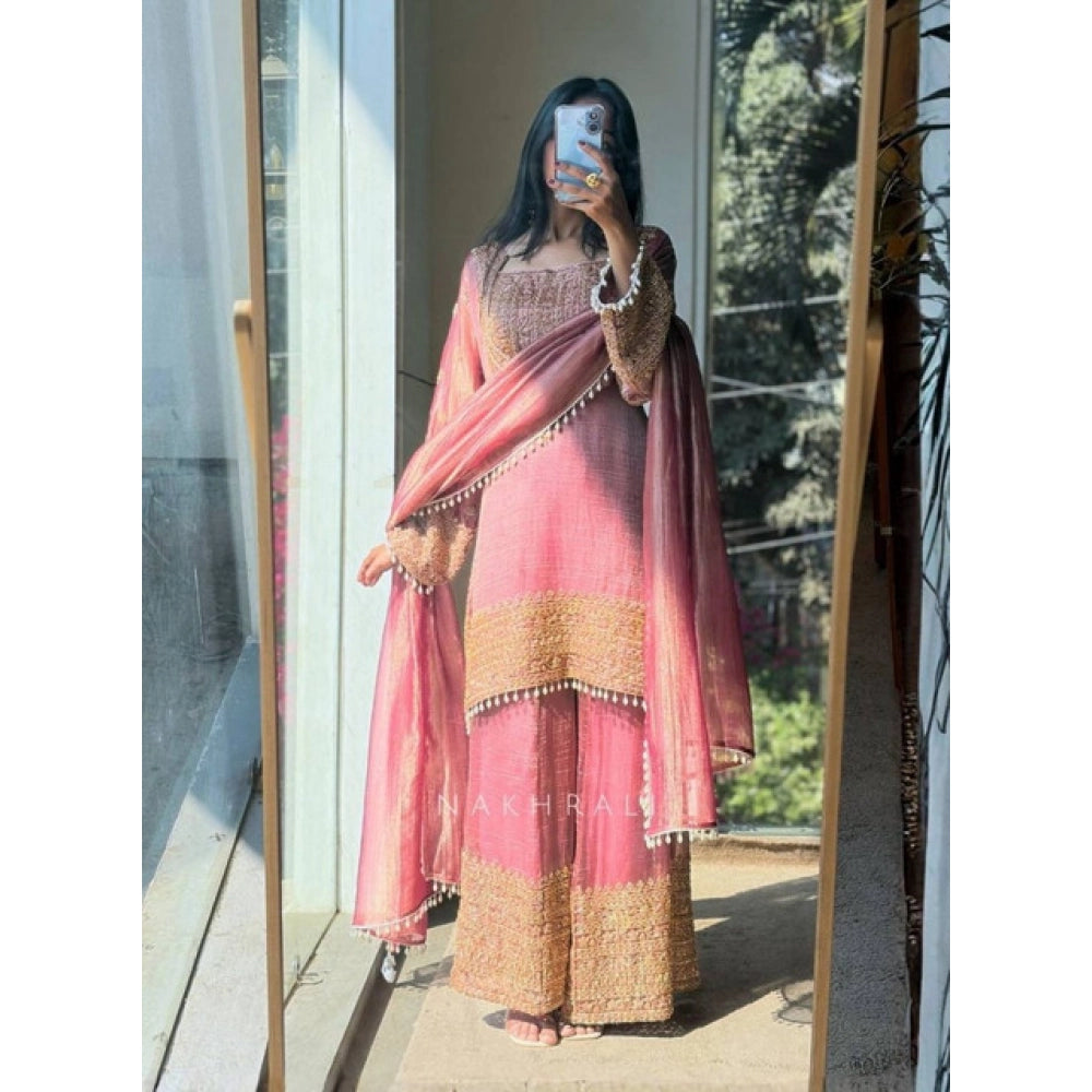 Elegant Women's Silk Embroidered Round Kurti With Sharara Pant and Dupatta Set