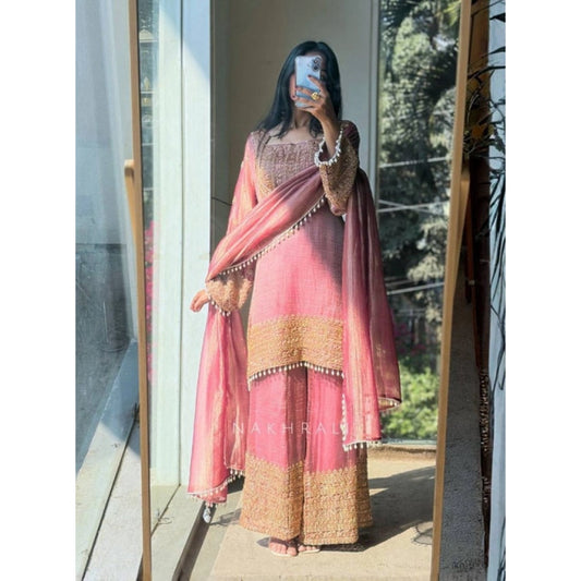 Elegant Women's Silk Embroidered Round Kurti With Sharara Pant and Dupatta Set