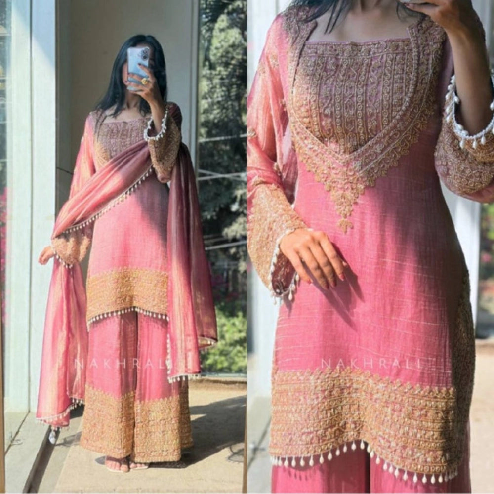 Elegant Women's Silk Embroidered Round Kurti With Sharara Pant and Dupatta Set