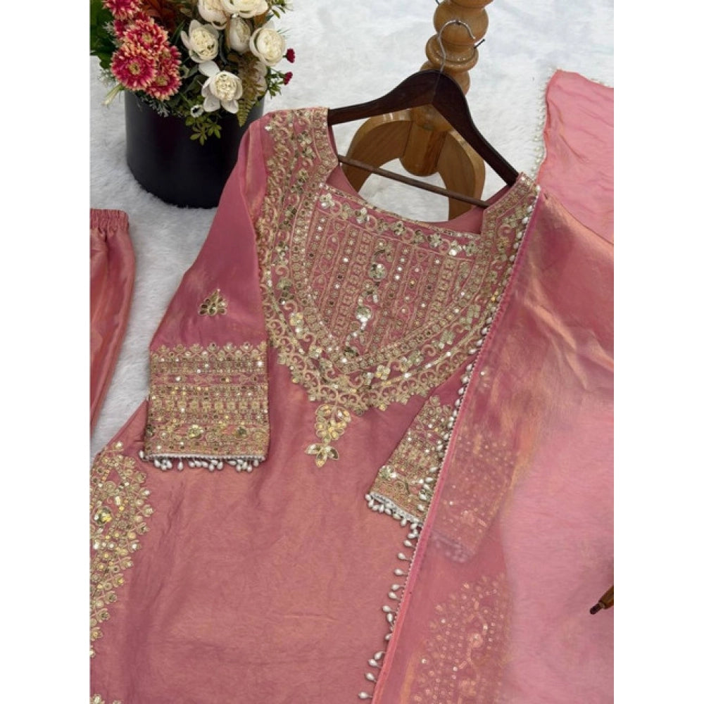Elegant Women's Silk Embroidered Round Kurti With Sharara Pant and Dupatta Set