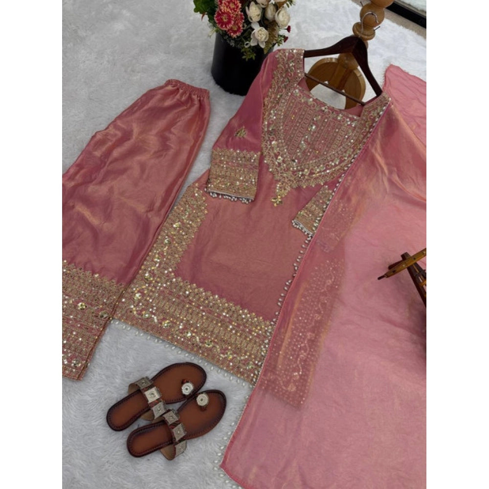 Elegant Women's Silk Embroidered Round Kurti With Sharara Pant and Dupatta Set