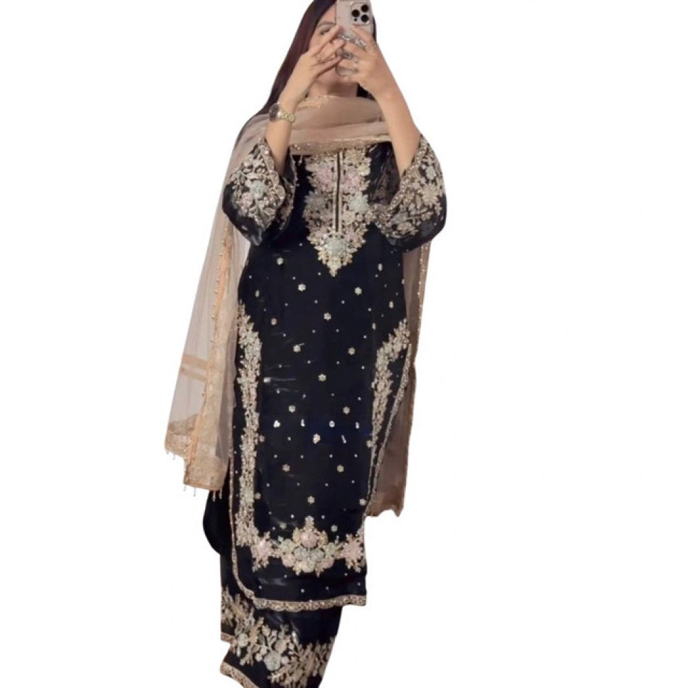 Gorgeous Women's Silk Embroidered Round Readymade Kurti With Palazzo Pant and Dupatta Set
