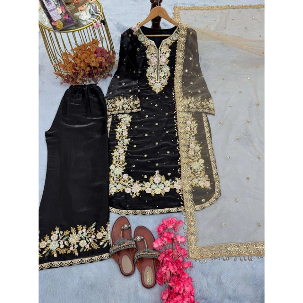 Gorgeous Women's Silk Embroidered Round Readymade Kurti With Palazzo Pant and Dupatta Set