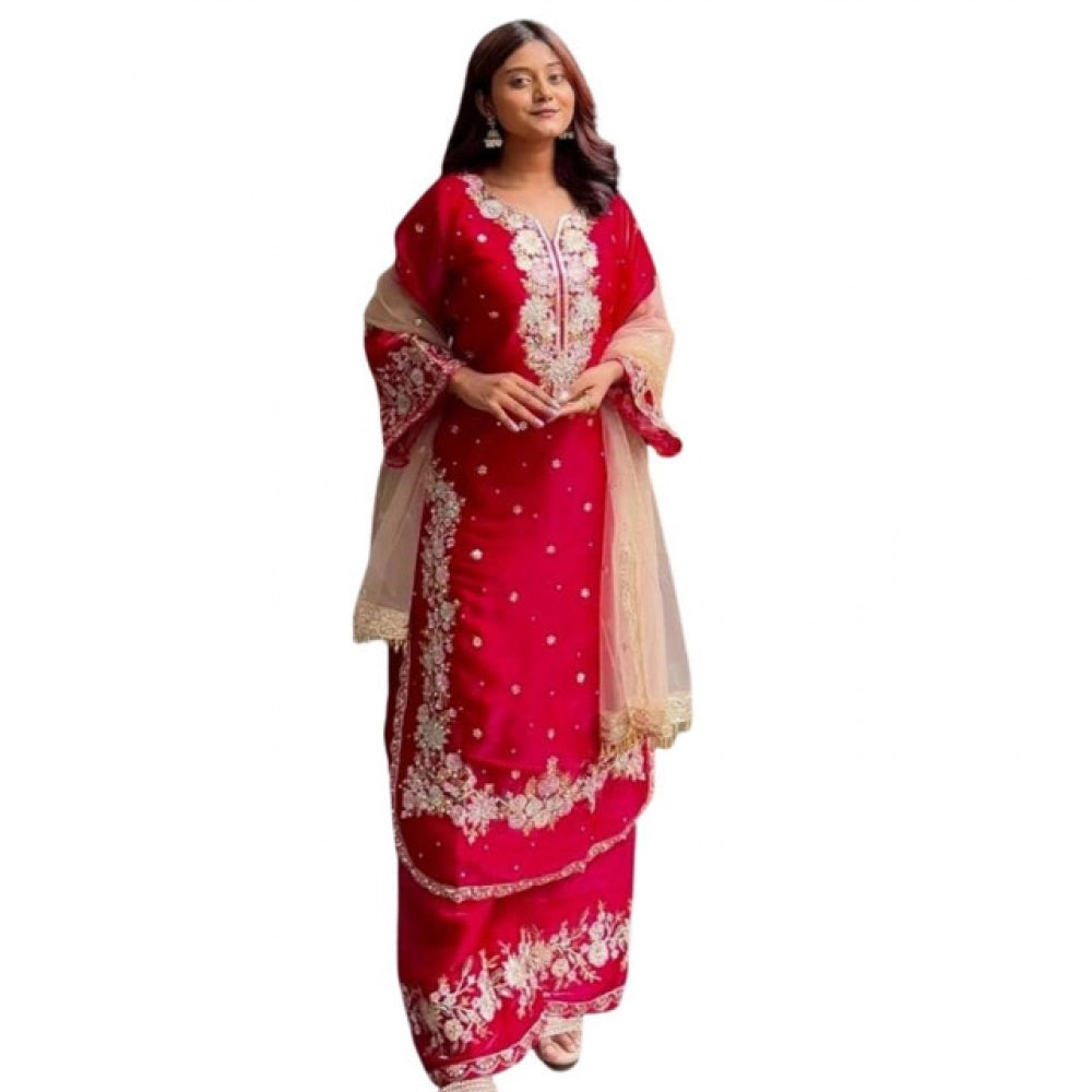 Gorgeous Women's Silk Embroidered Round Readymade Kurti With Palazzo Pant and Dupatta Set
