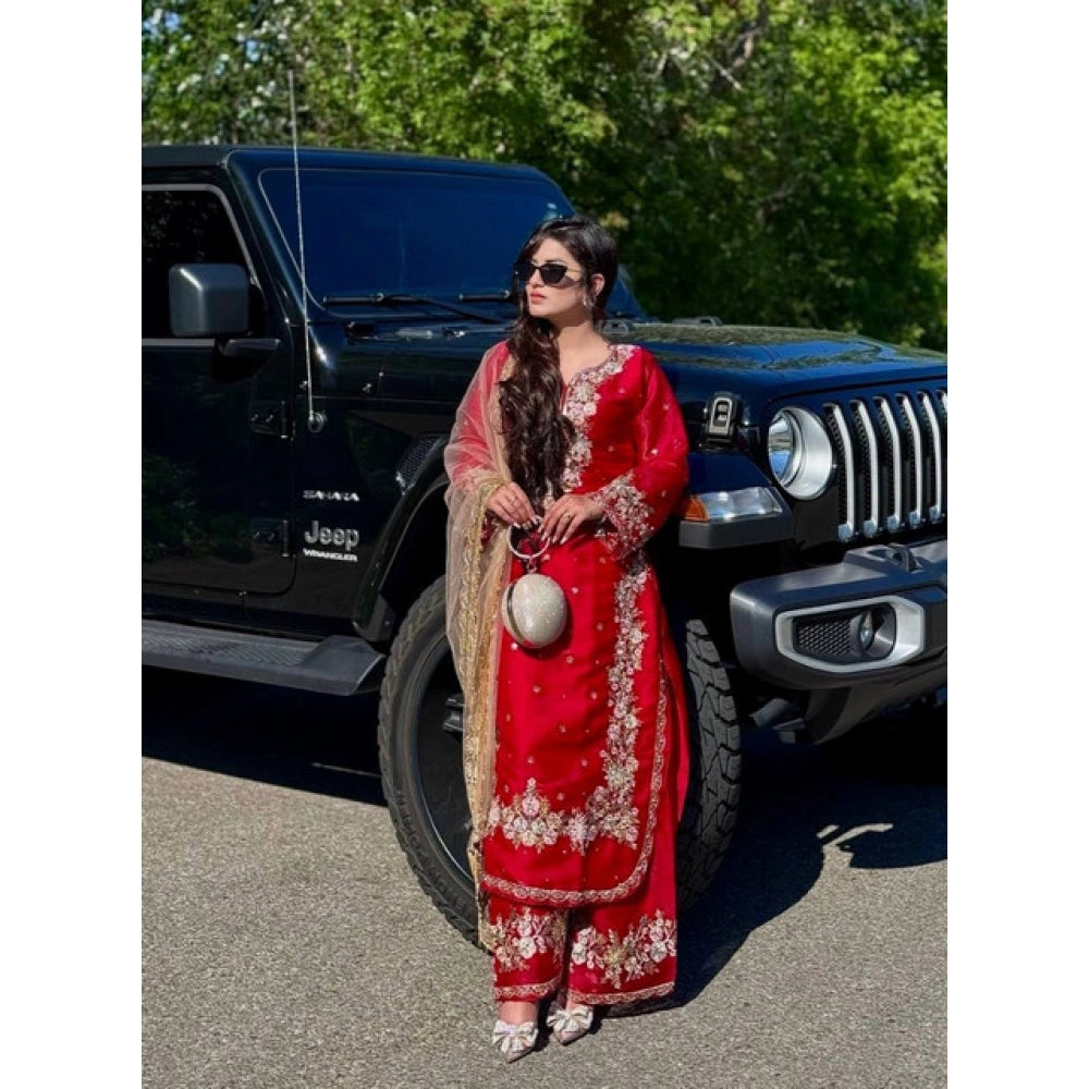 Gorgeous Women's Silk Embroidered Round Readymade Kurti With Palazzo Pant and Dupatta Set