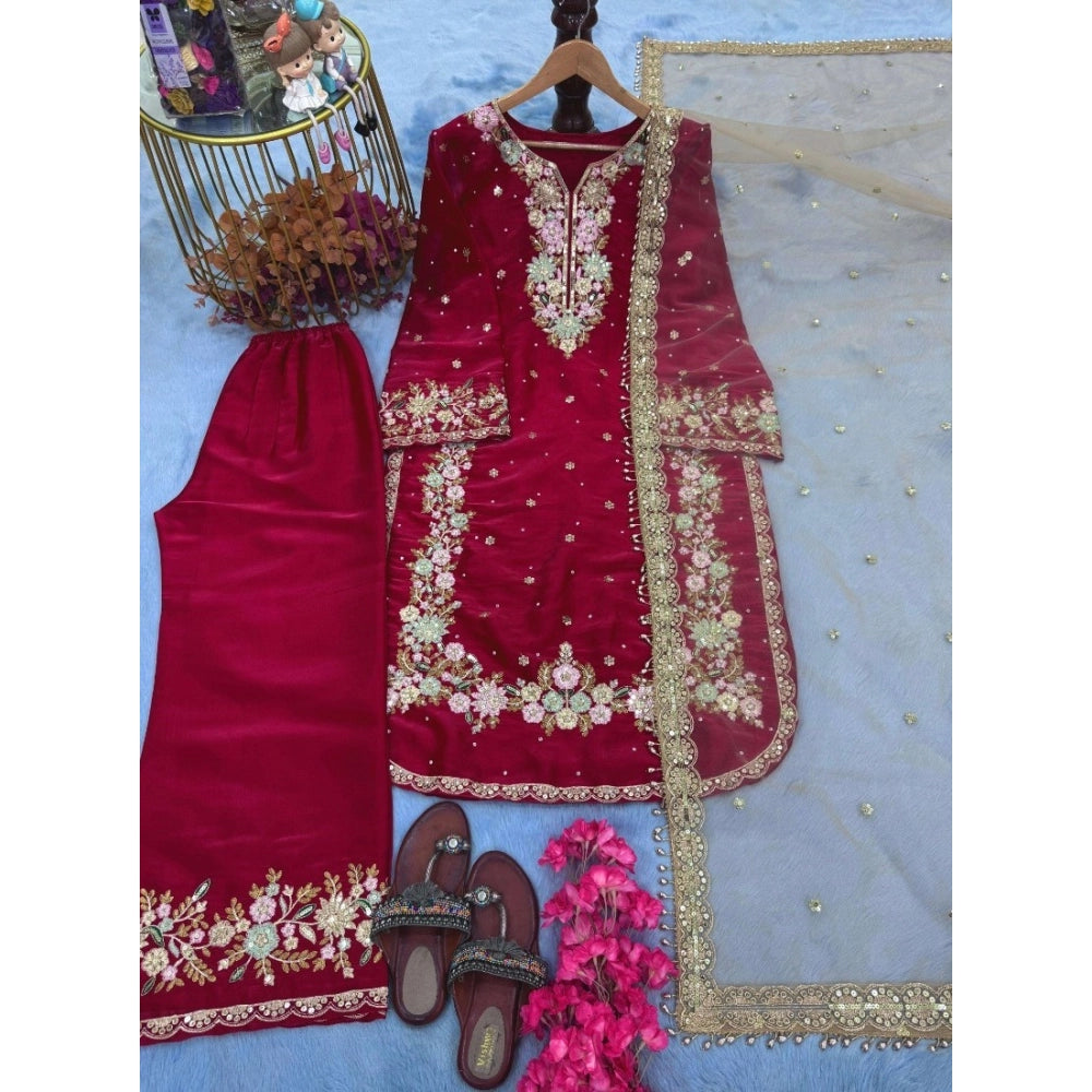 Gorgeous Women's Silk Embroidered Round Readymade Kurti With Palazzo Pant and Dupatta Set