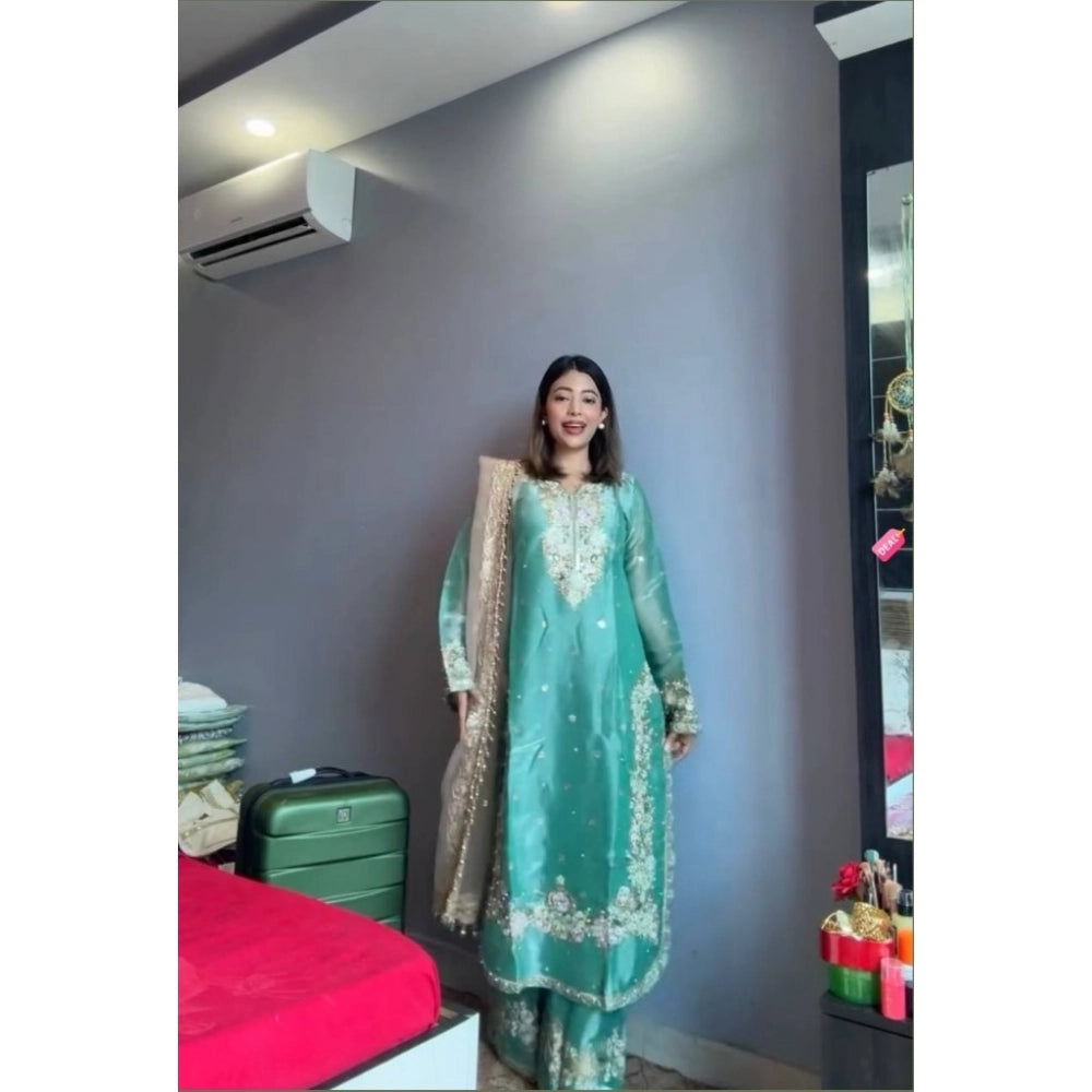 Gorgeous Women's Silk Embroidered Round Readymade Kurti With Palazzo Pant and Dupatta Set