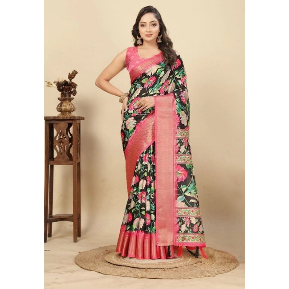 Fancy Women's Cotton Silk Floral Printed Saree With Blouse Piece