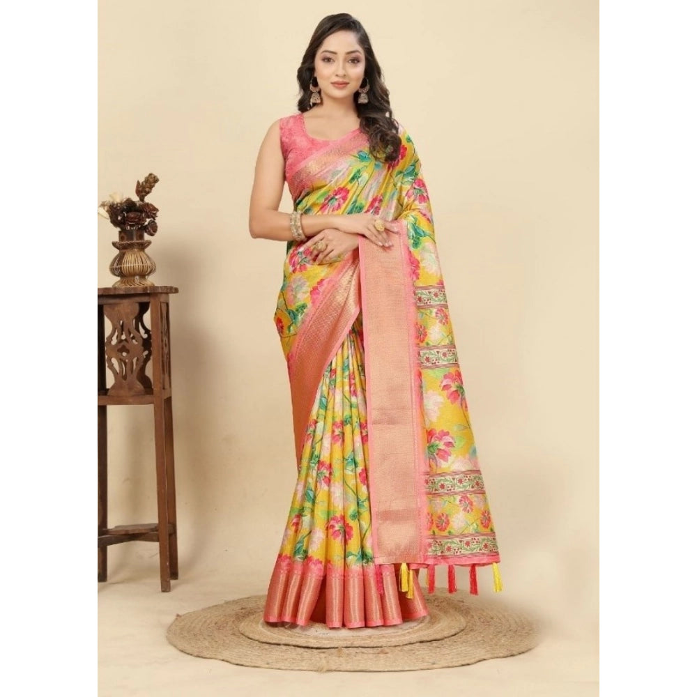 Magnificent Women's Cotton Silk Floral Printed Saree With Blouse Piece