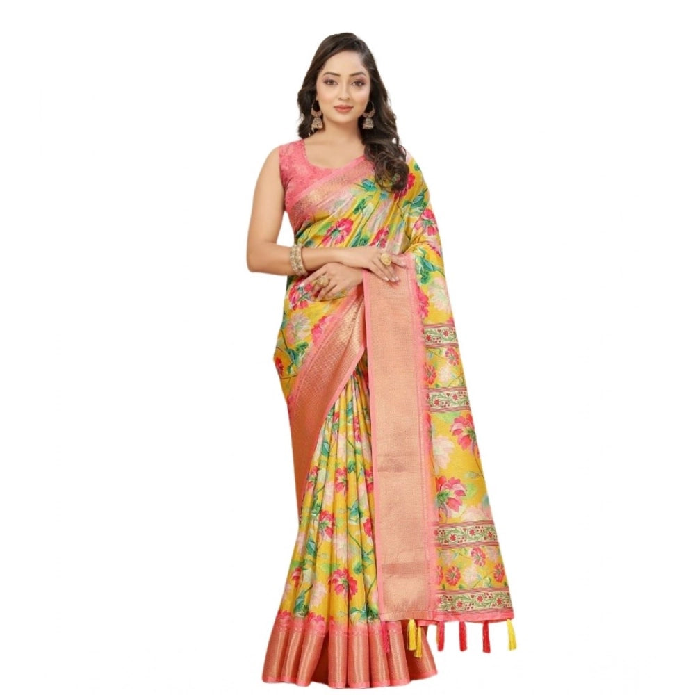 Magnificent Women's Cotton Silk Floral Printed Saree With Blouse Piece
