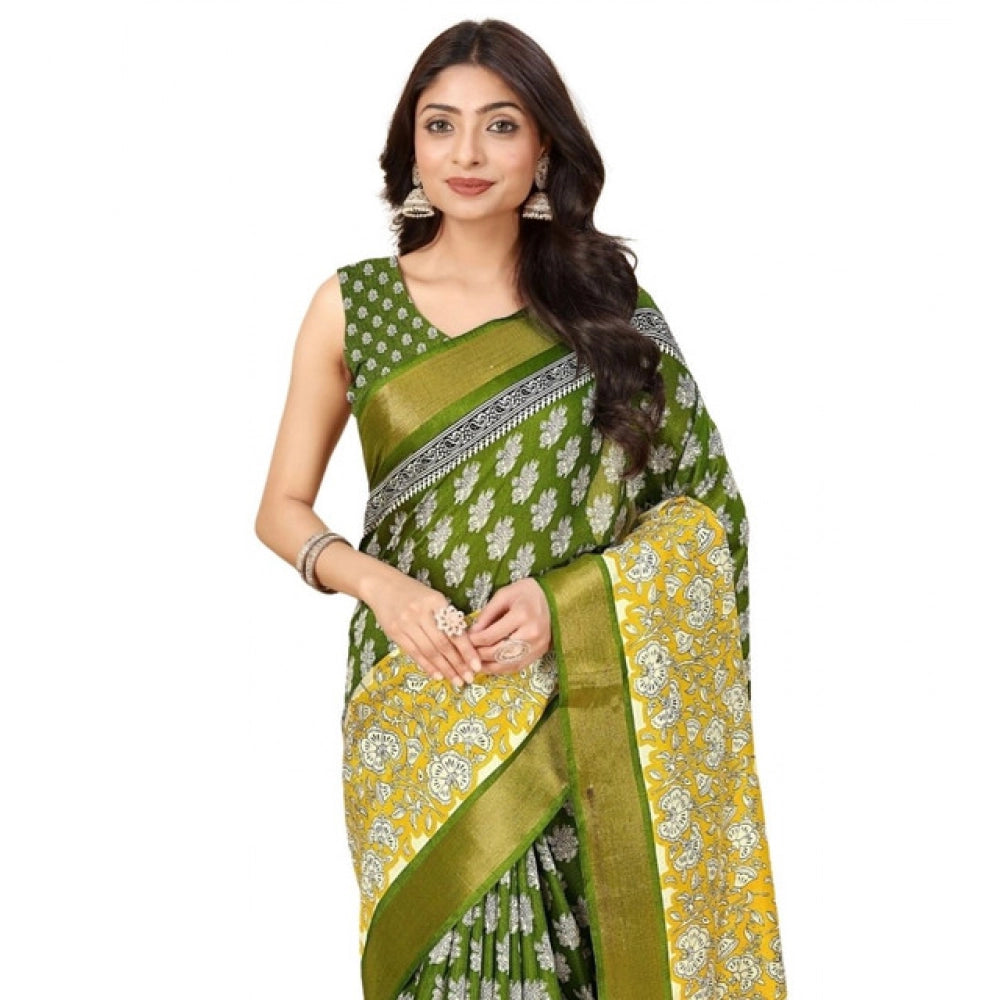 Ravishing Women's Cotton Blend Printed Saree With Blouse Piece