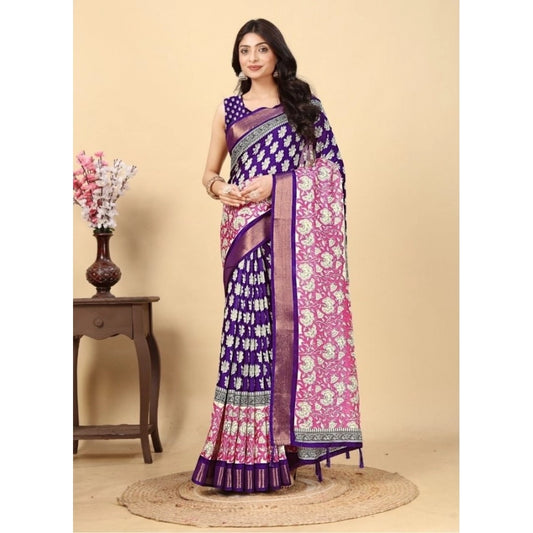 Ravishing Women's Cotton Blend Printed Saree With Blouse Piece