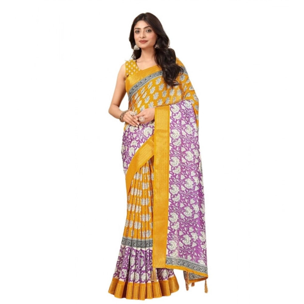 Ravishing Women's Cotton Blend Printed Saree With Blouse Piece