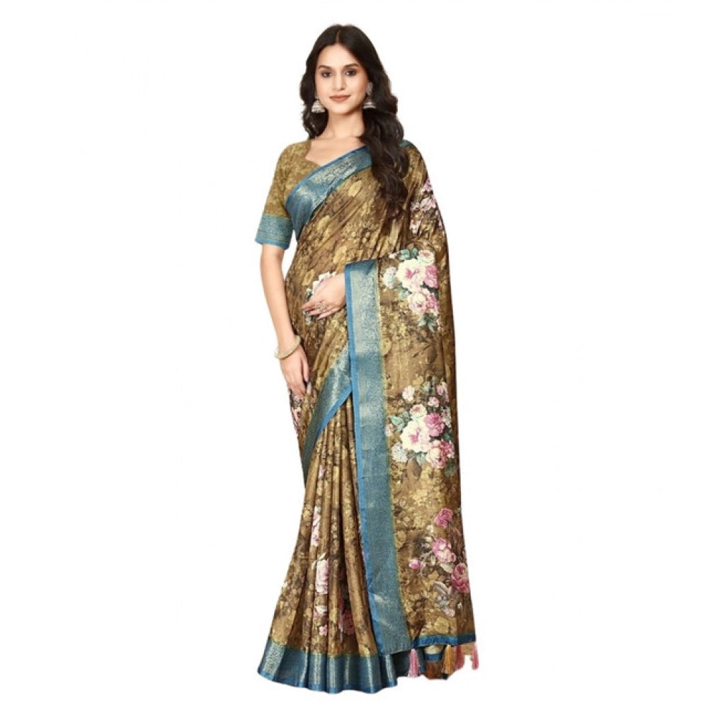 Lovely Women's Cotton Blend Floral Printed Saree With Blouse Piece