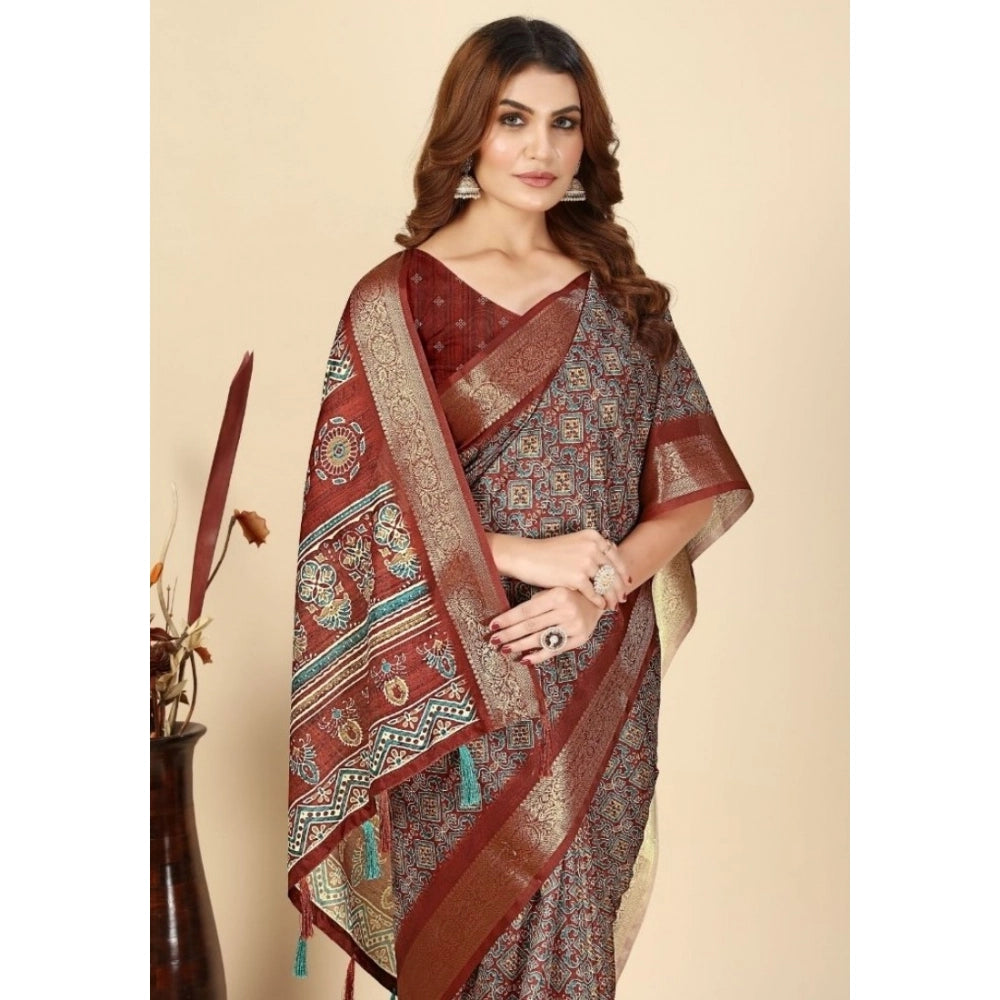 Ravishing Women's Cotton Blend Printed Saree With Blouse Piece