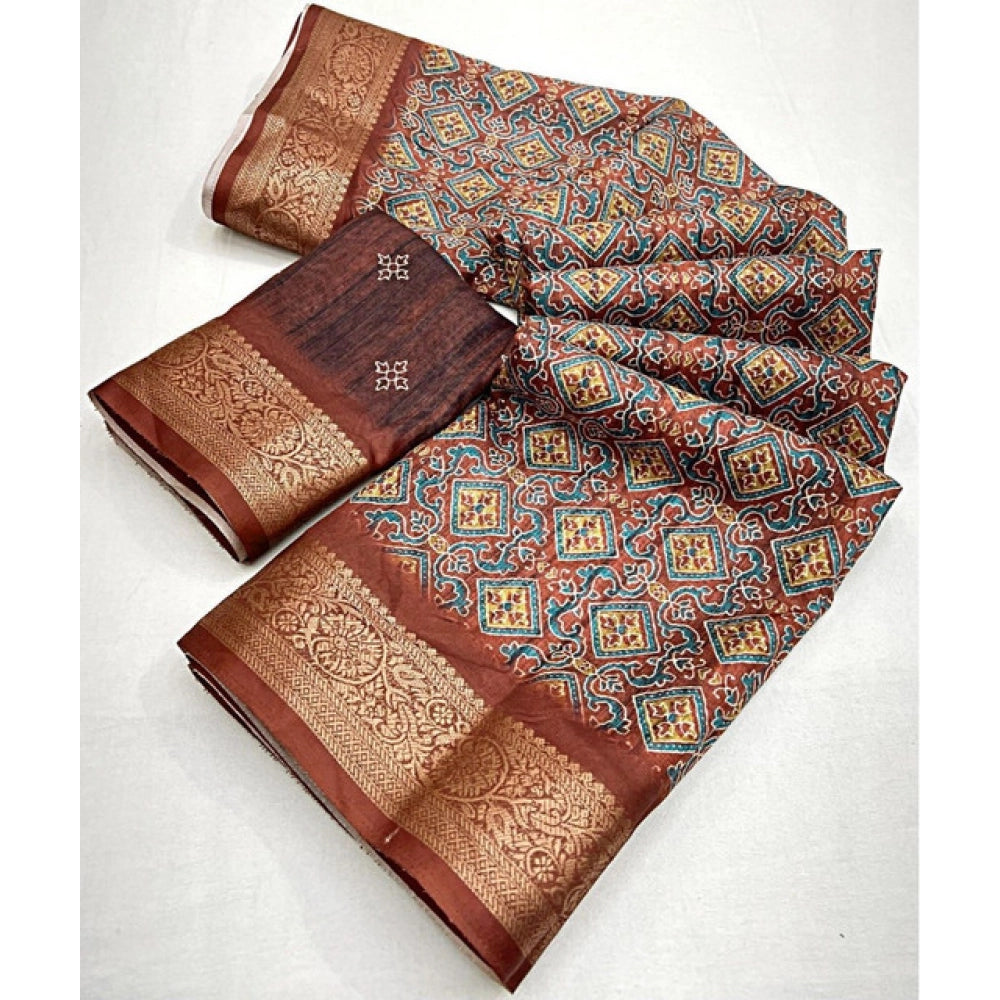 Ravishing Women's Cotton Blend Printed Saree With Blouse Piece