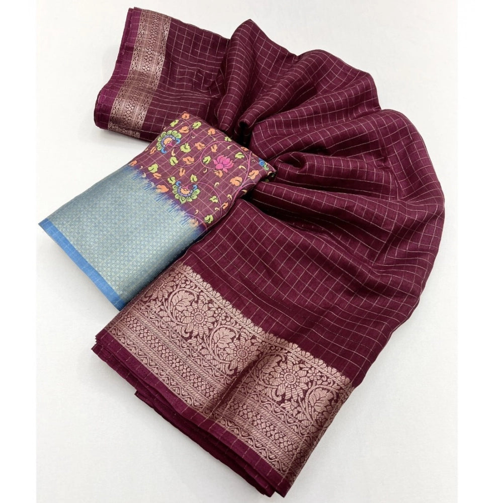 Voguish Women's Cotton Blend Checkered Saree With Blouse Piece