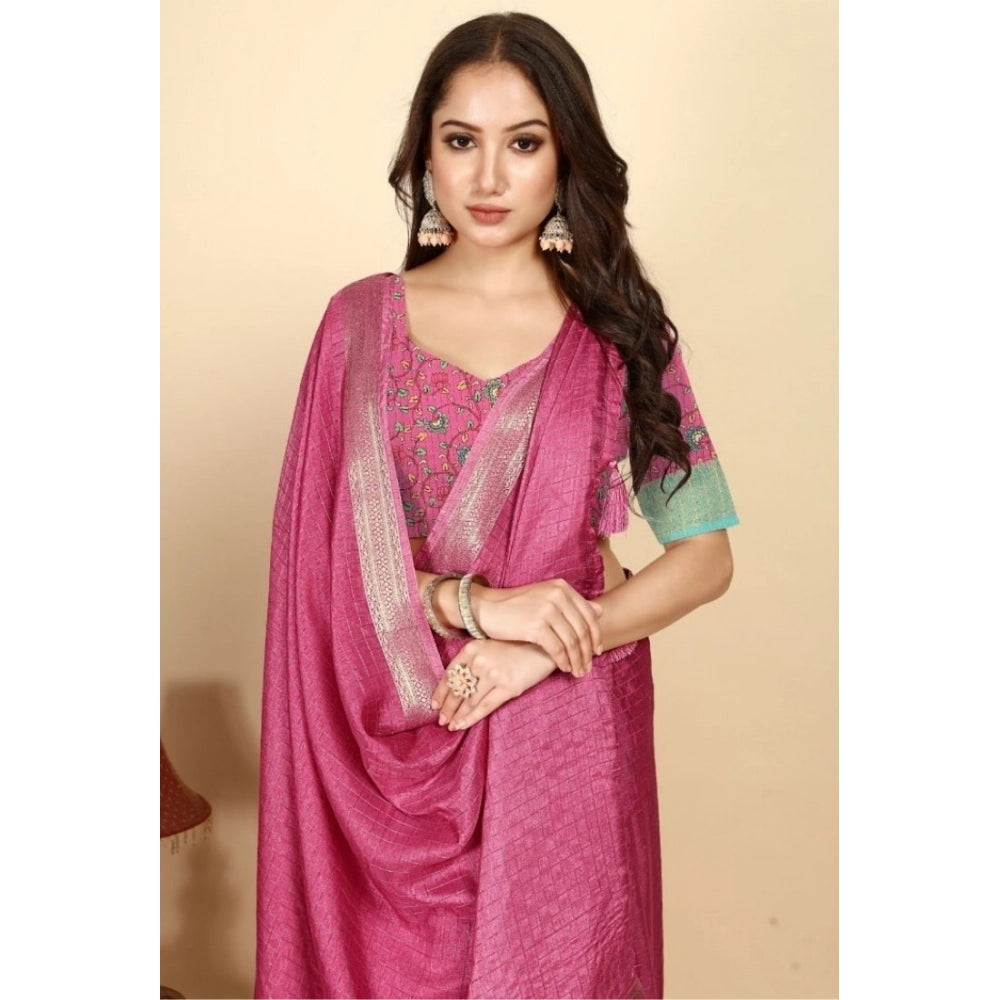 Voguish Women's Cotton Blend Checkered Saree With Blouse Piece