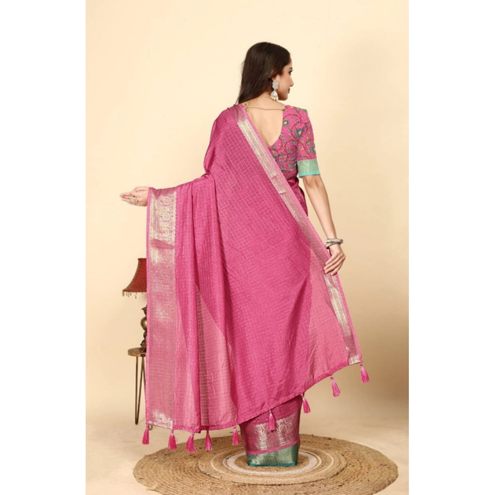 Voguish Women's Cotton Blend Checkered Saree With Blouse Piece