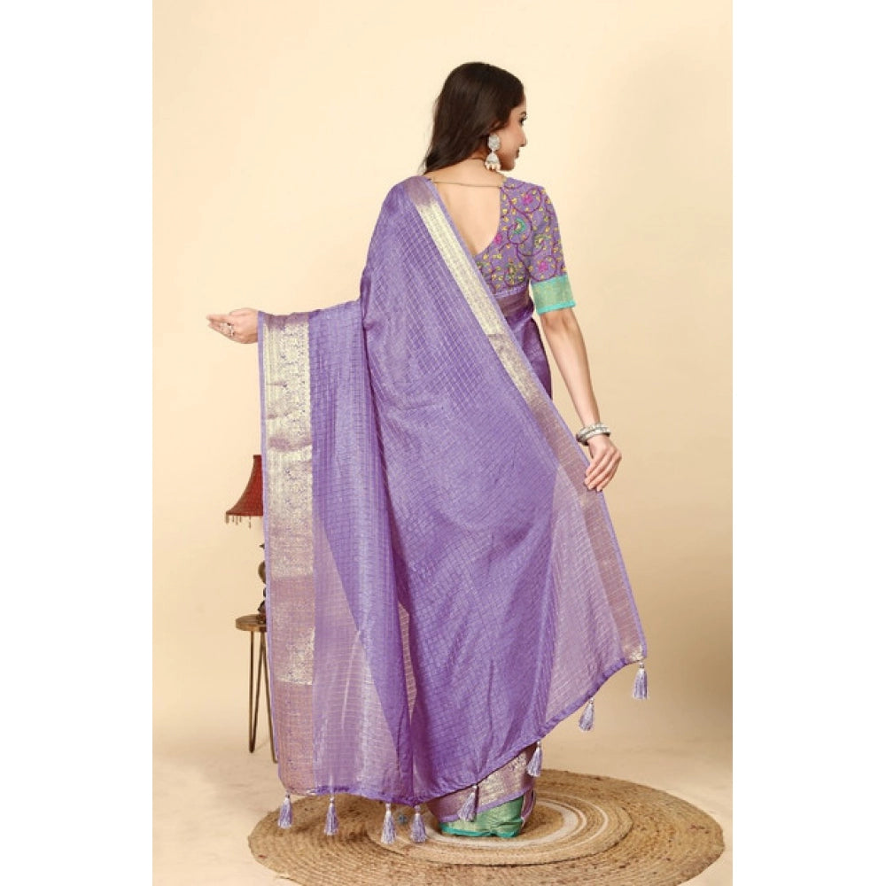 Voguish Women's Cotton Blend Checkered Saree With Blouse Piece