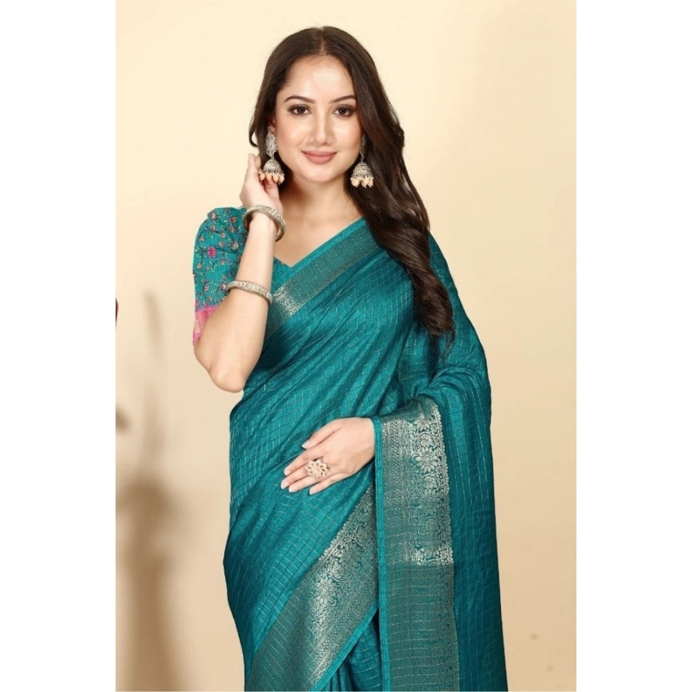Voguish Women's Cotton Blend Checkered Saree With Blouse Piece