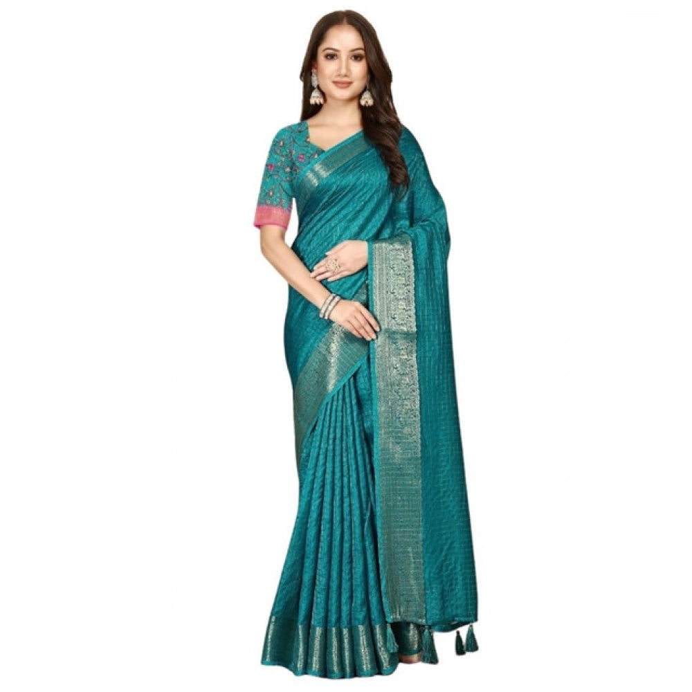 Voguish Women's Cotton Blend Checkered Saree With Blouse Piece