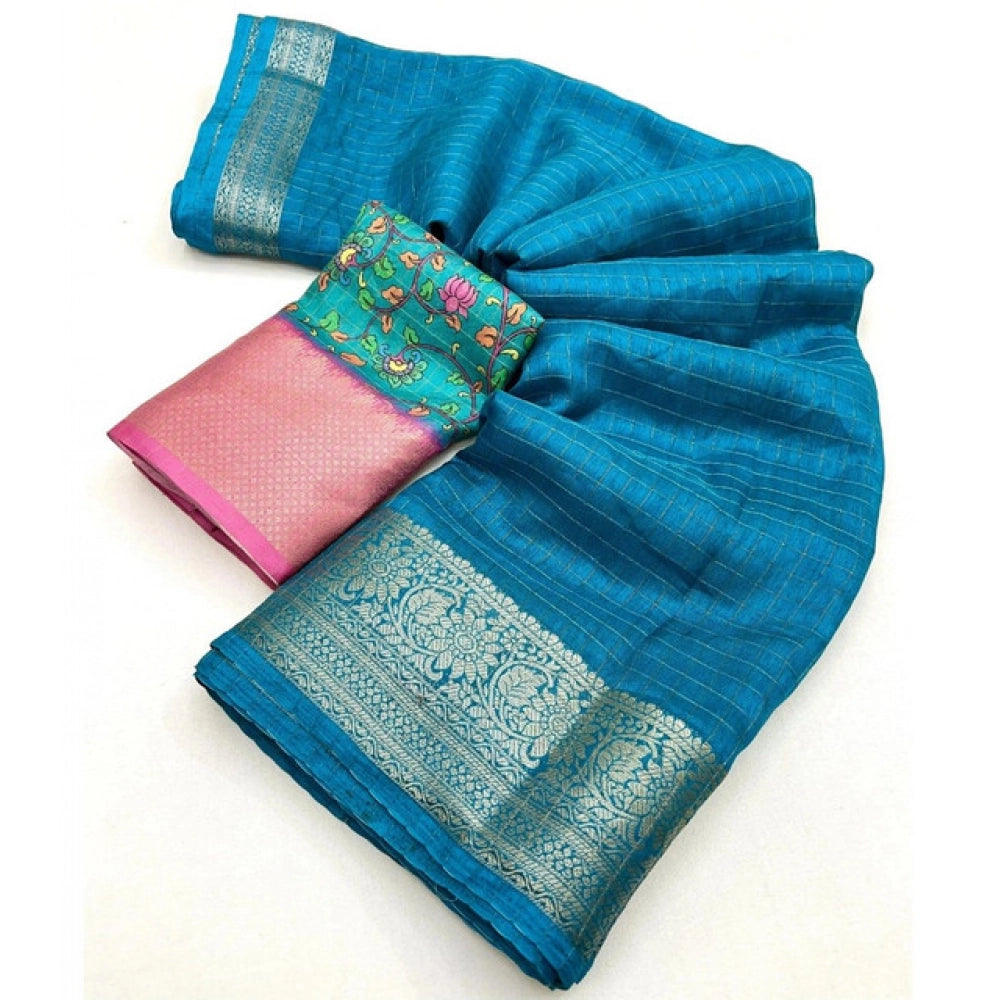 Voguish Women's Cotton Blend Checkered Saree With Blouse Piece