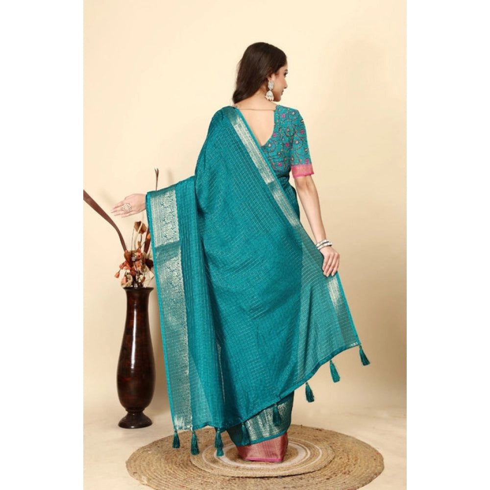 Voguish Women's Cotton Blend Checkered Saree With Blouse Piece