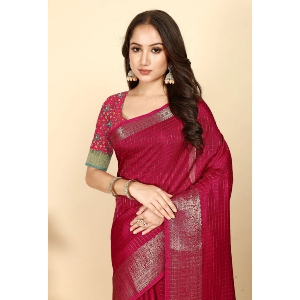Voguish Women's Cotton Blend Checkered Saree With Blouse Piece