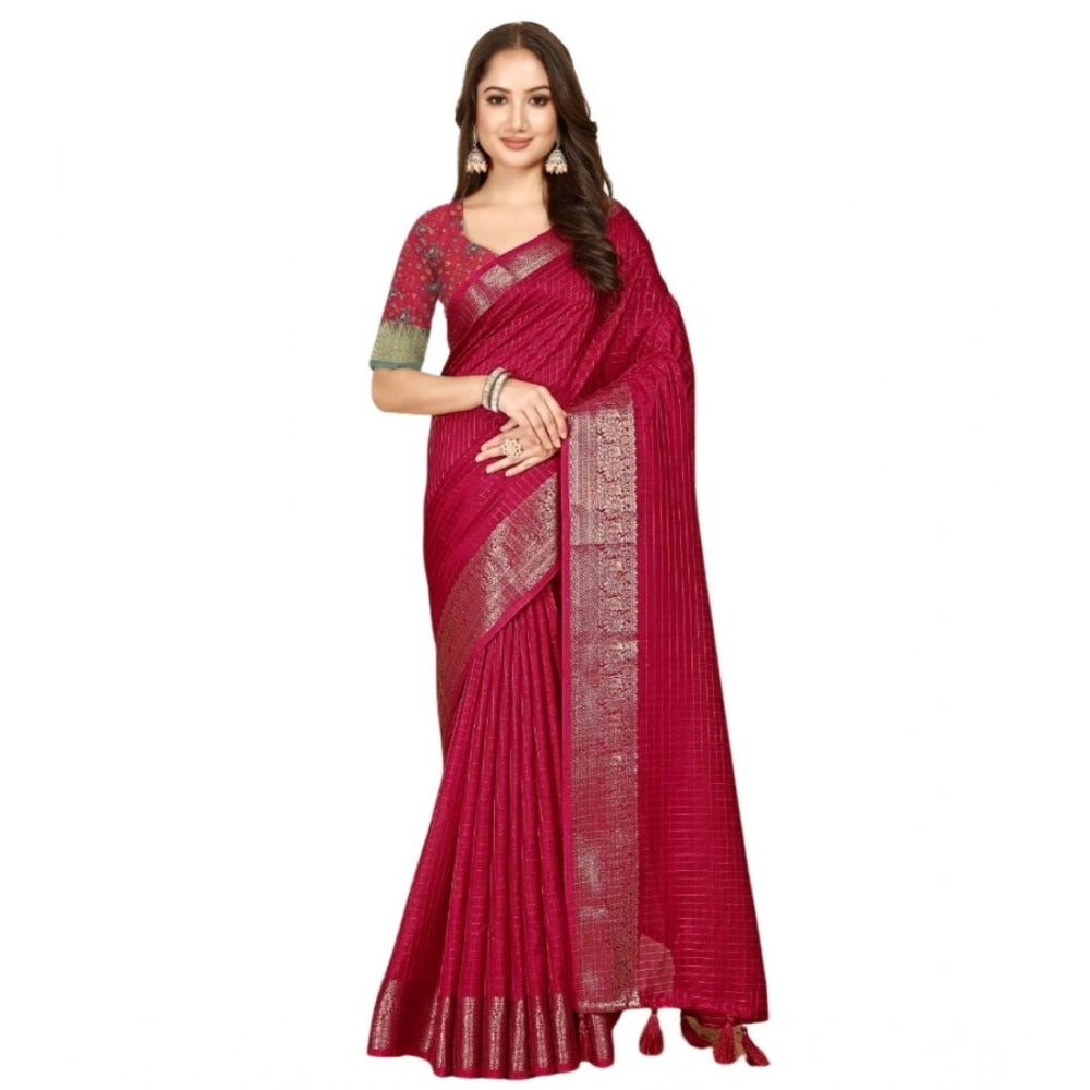 Voguish Women's Cotton Blend Checkered Saree With Blouse Piece