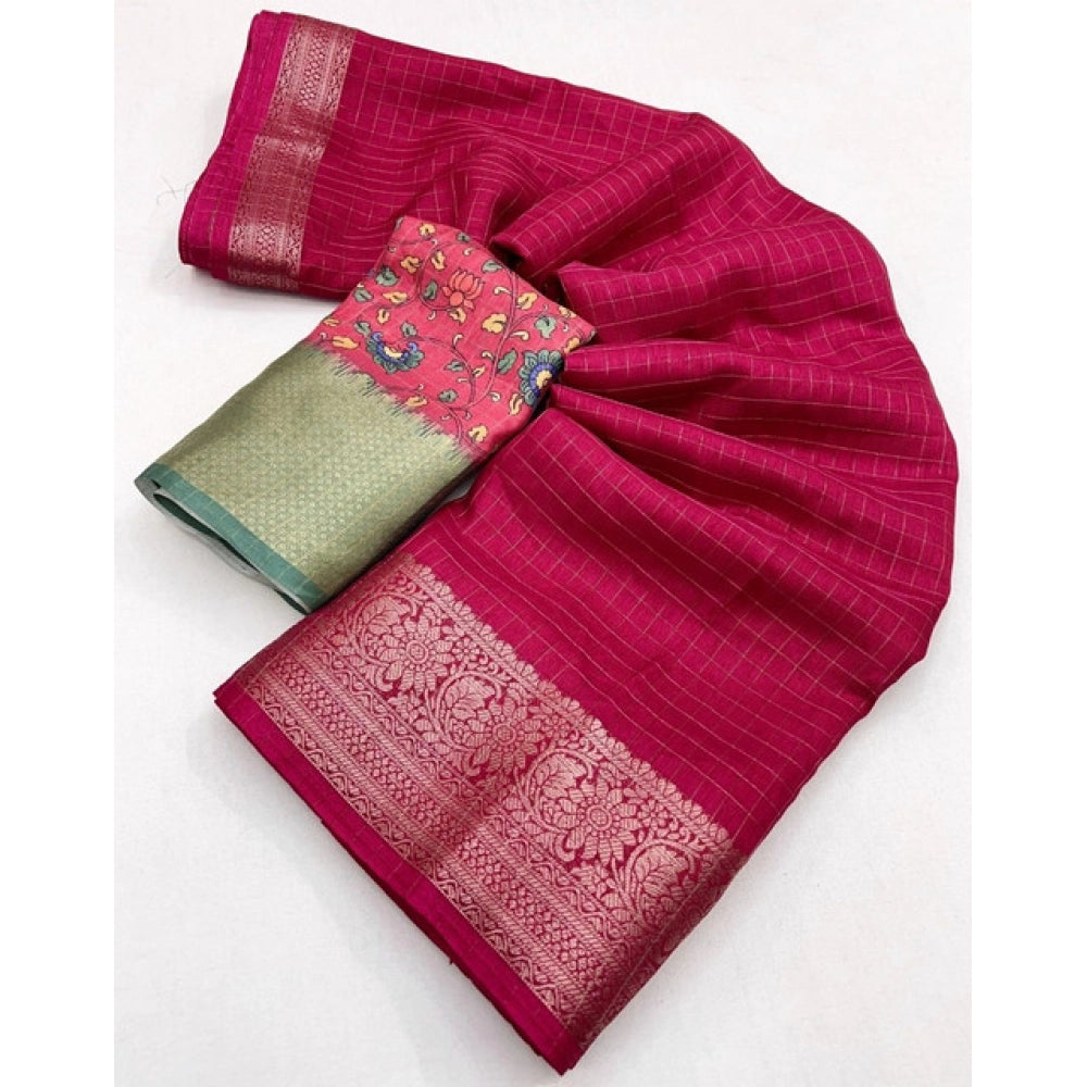 Voguish Women's Cotton Blend Checkered Saree With Blouse Piece