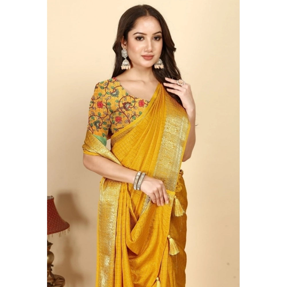 Voguish Women's Cotton Blend Checkered Saree With Blouse Piece