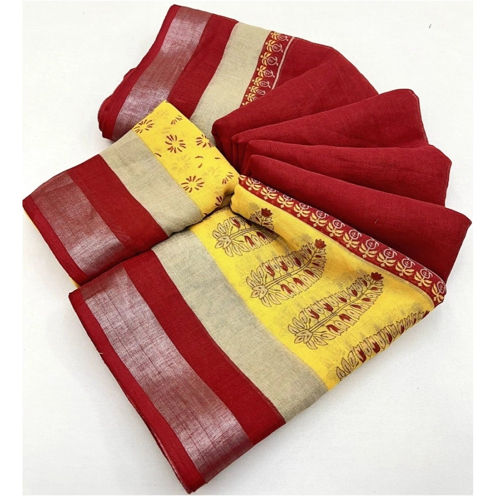 Ravishing Women's Cotton Linen Printed Saree With Blouse Piece