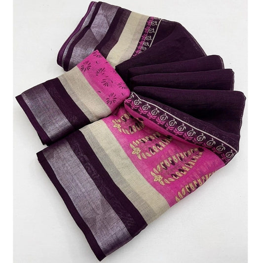 Ravishing Women's Cotton Linen Printed Saree With Blouse Piece