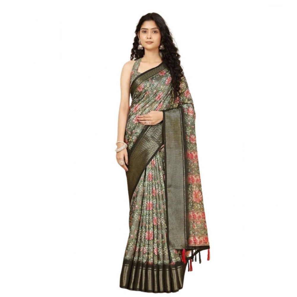 Fancy Women's Cotton Silk Floral Printed Saree With Blouse Piece