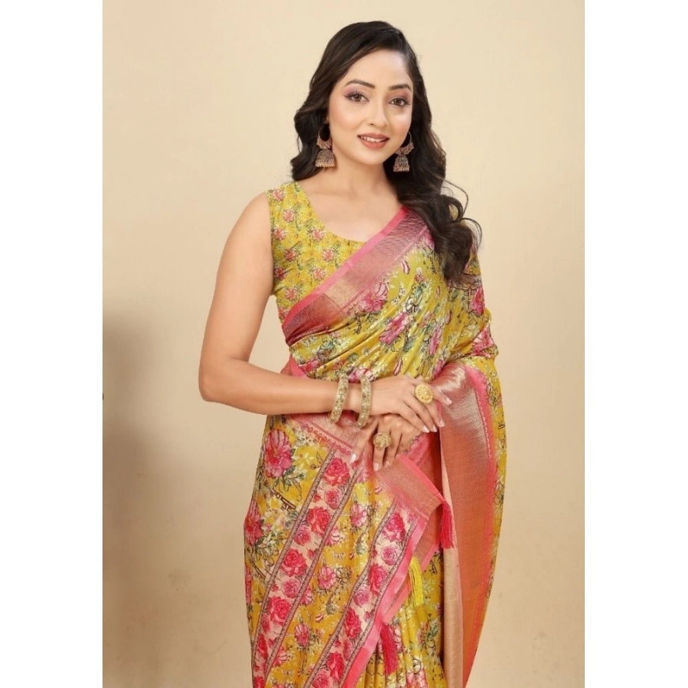Magnificent Women's Cotton Silk Floral Printed Saree With Blouse Piece