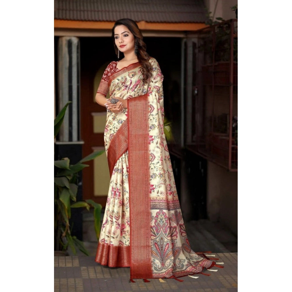 Fancy Women's Cotton Silk Floral Printed Saree With Blouse Piece