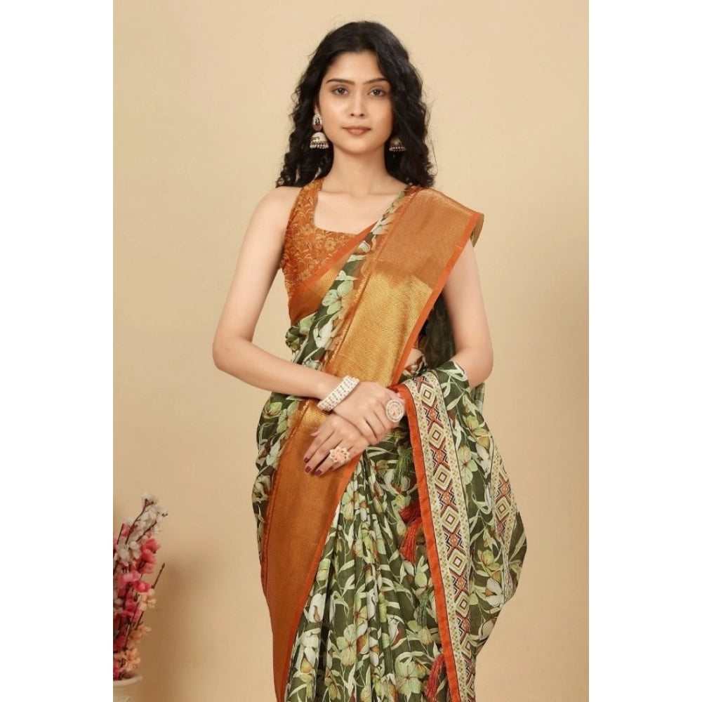 Magnificent Women's Cotton Silk Floral Printed Saree With Blouse Piece