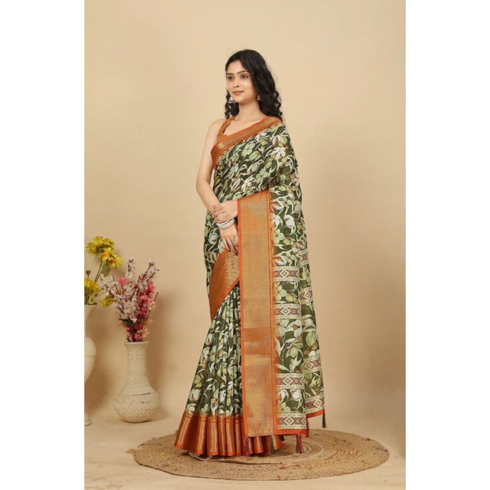 Magnificent Women's Cotton Silk Floral Printed Saree With Blouse Piece