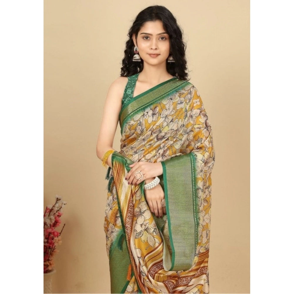 Magnificent Women's Cotton Silk Floral Printed Saree With Blouse Piece