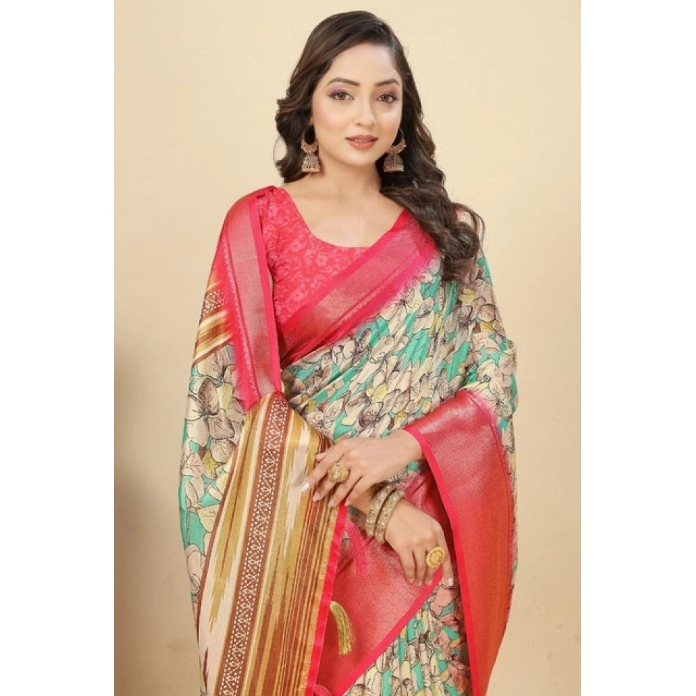 Magnificent Women's Cotton Silk Floral Printed Saree With Blouse Piece