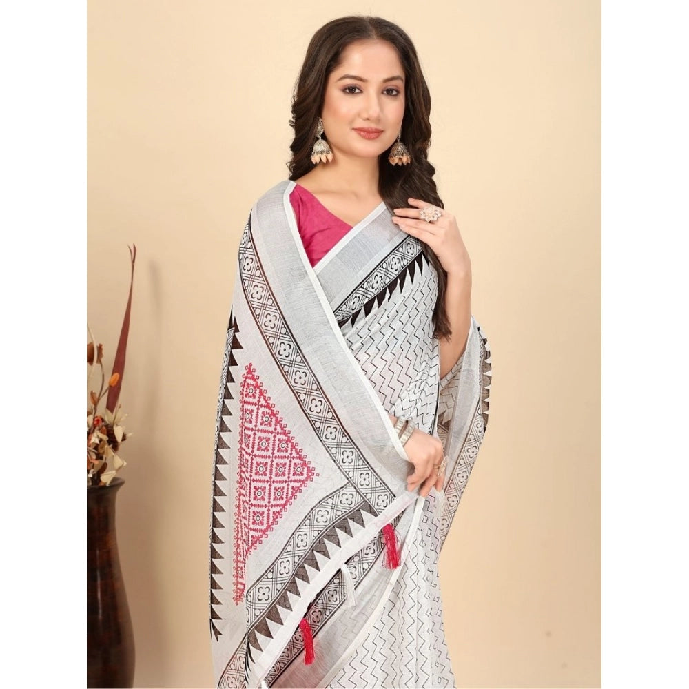Facinating Women's Linen Printed Saree With Blouse Piece